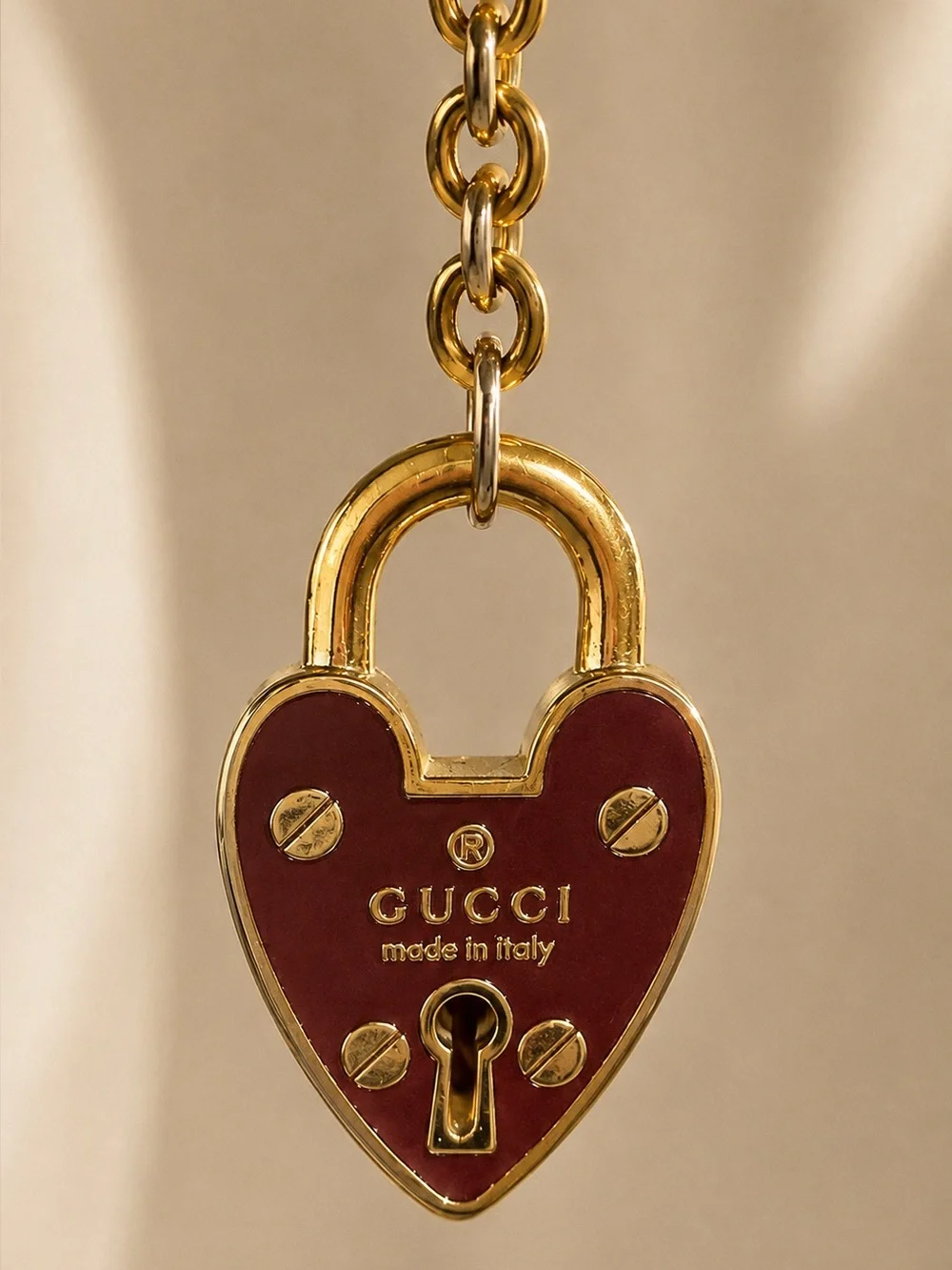 100% Authentic Gucci Red Enamel Heart Padlock Keychain / Bag Charm